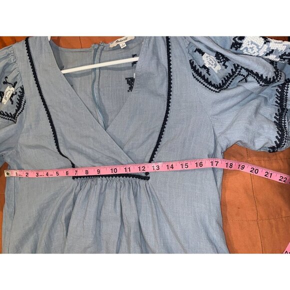 Madewell Blue Embroidered  Foldover V-Neck Puff Sleeve Mini Dress  Women's Size - Picture 6 of 10